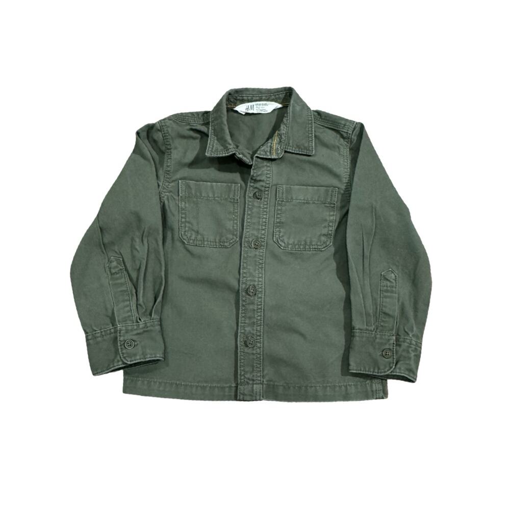 H&M Boys 3-4 Years Olive Green Cotton Long Sleeve Utility Button Front Shirt